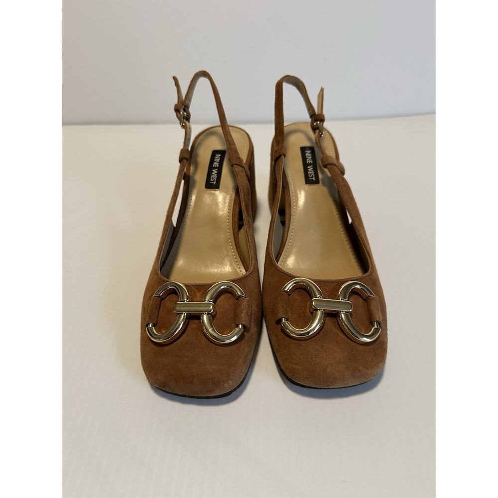 NINE WEST Suede Leather Cast Block Heel Slingback Pumps 7M Brown